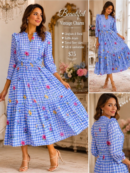 Dresses & Skirts - Light Blue Gingham Midi Dress with Floral Print